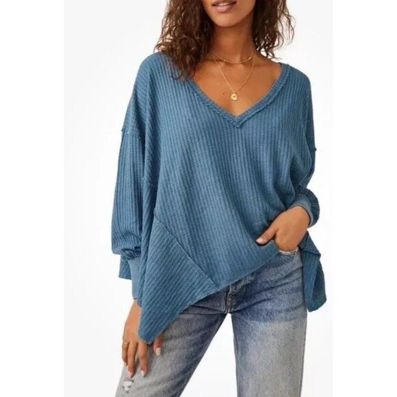 Free People We The Free Sz M Medium Coraline Thermal Top Shirt Legion Blue NWOT - Picture 2 of 8